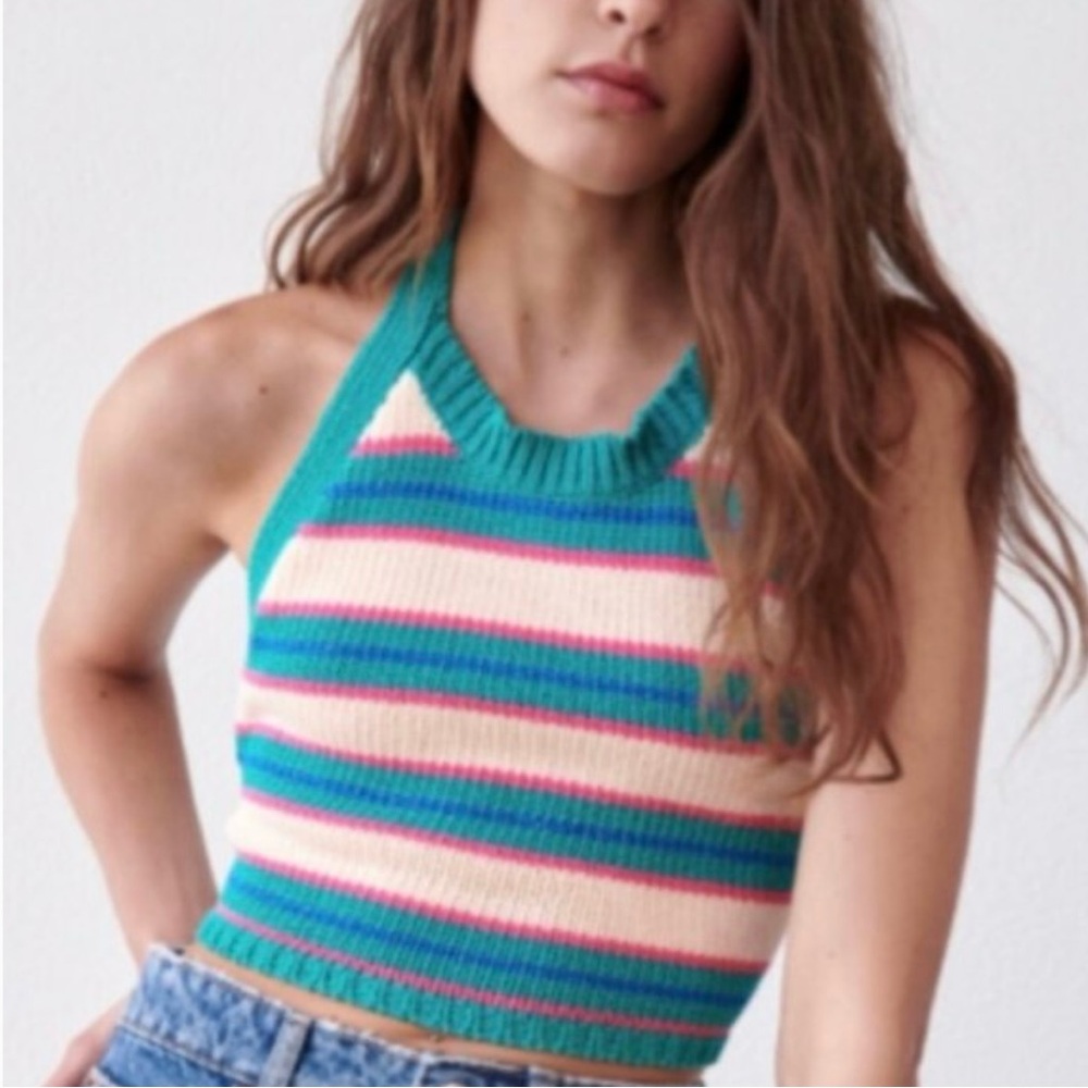 Zara Multicolor Teal Blue Pink & White Striped Knit Halter Crop Top